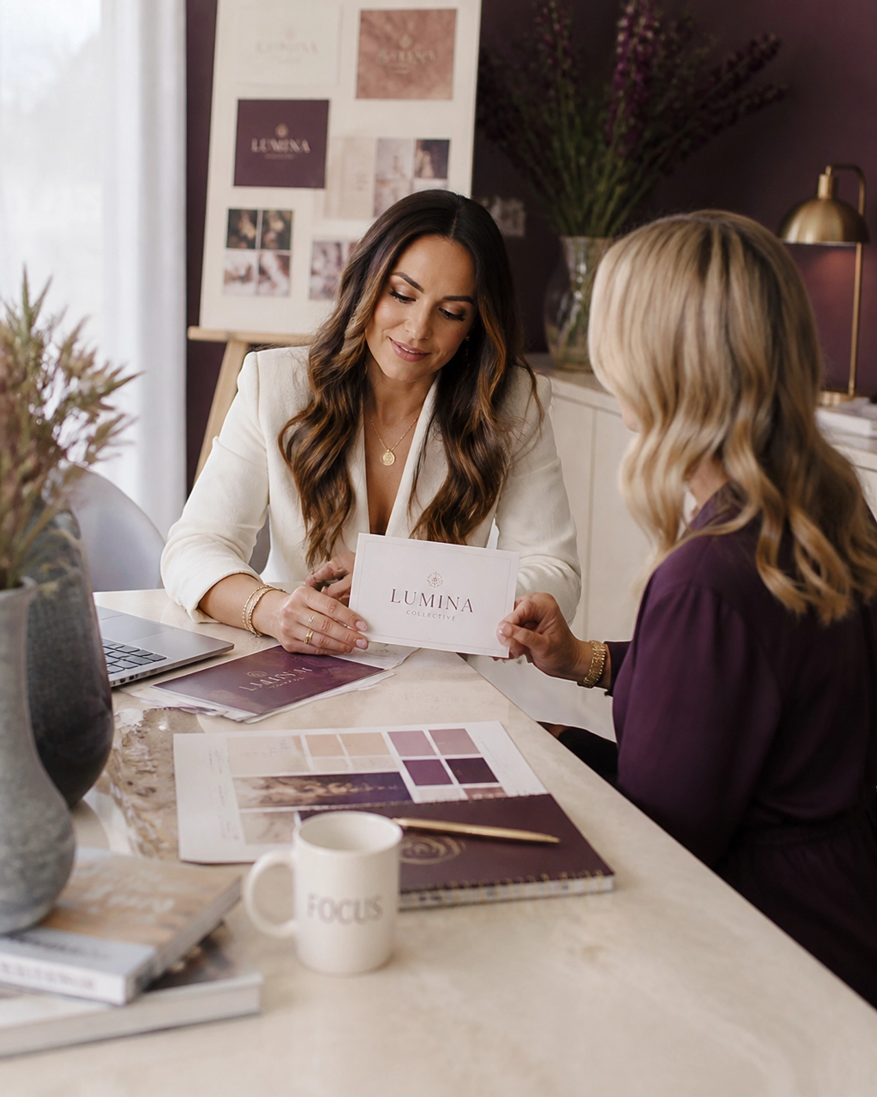 A founder defining her brand voice with notes and samples