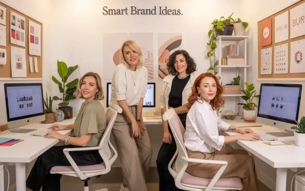 The Smart Brand Ideas team collaborating in-studio on a client’s digital headquarters