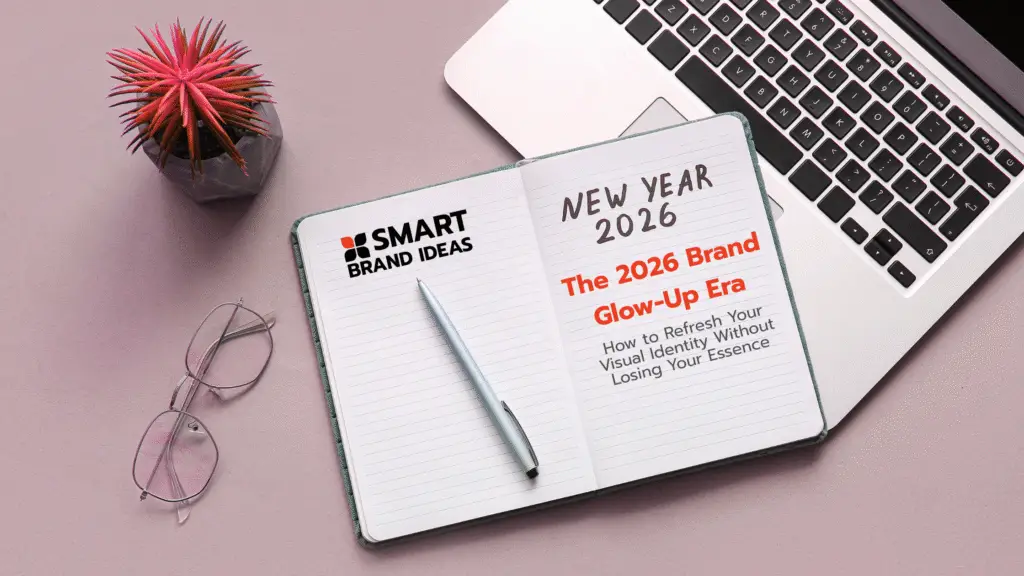 Open notebook with the Smart Brand Ideas logo and the title “The 2026 Brand Glow-Up Era,” placed on a pink desk beside glasses, pen, and laptop — representing a visual identity refresh for 2026.