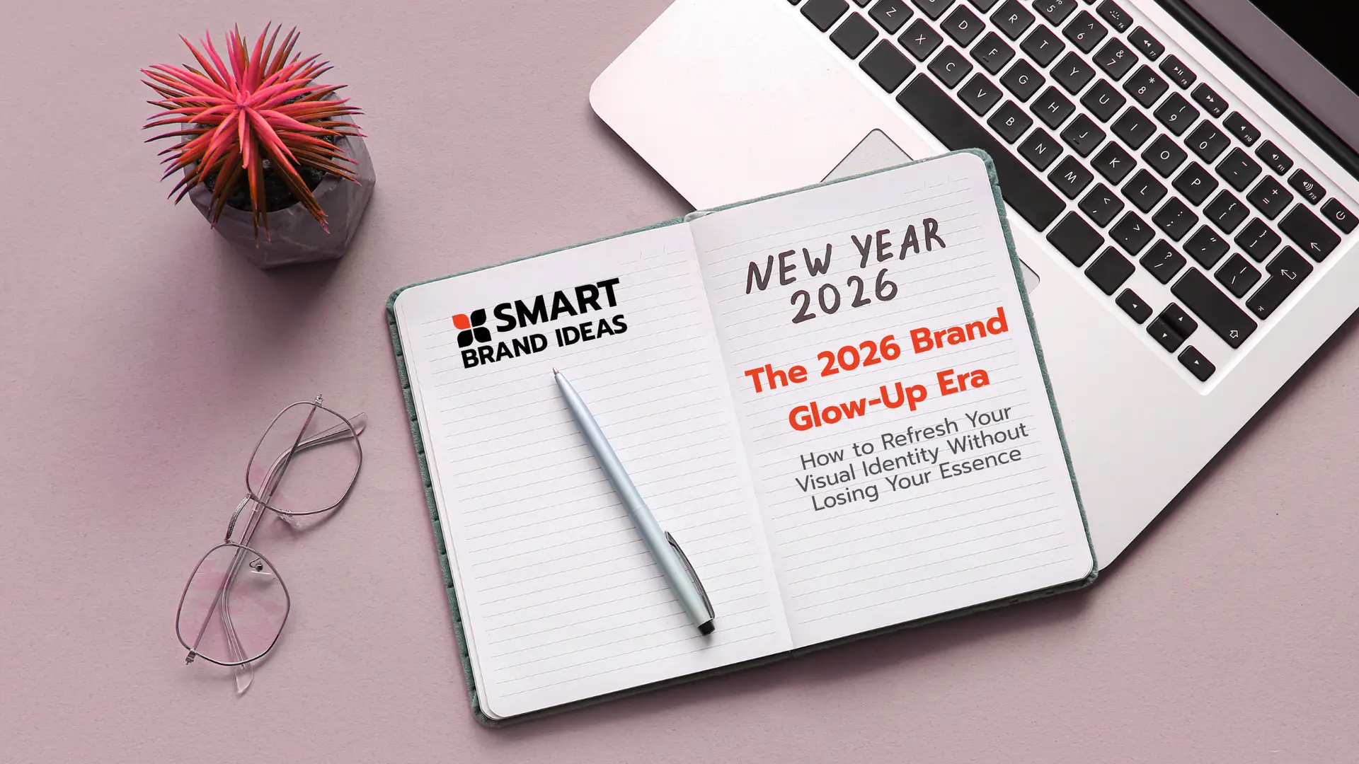 Open notebook with the Smart Brand Ideas logo and the title “The 2026 Brand Glow-Up Era,” placed on a pink desk beside glasses, pen, and laptop — representing a visual identity refresh for 2026.