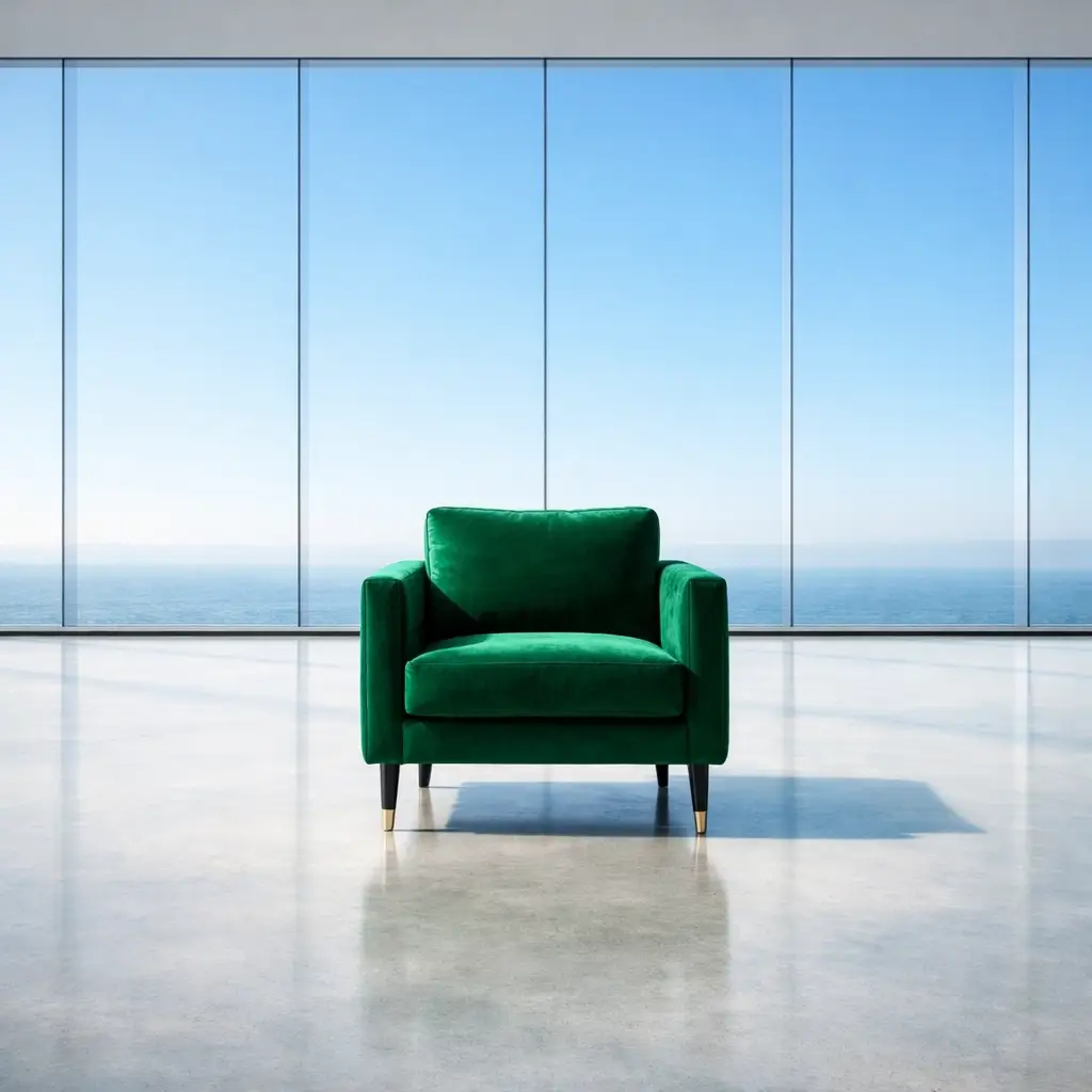 Bold green velvet armchair in a minimalist room with floor-to-ceiling windows overlooking the ocean