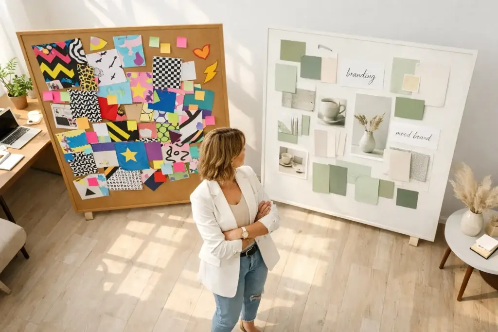 Female founder in a white blazer comparing a colorful chaotic mood board with a modern minimalist rebrand design board