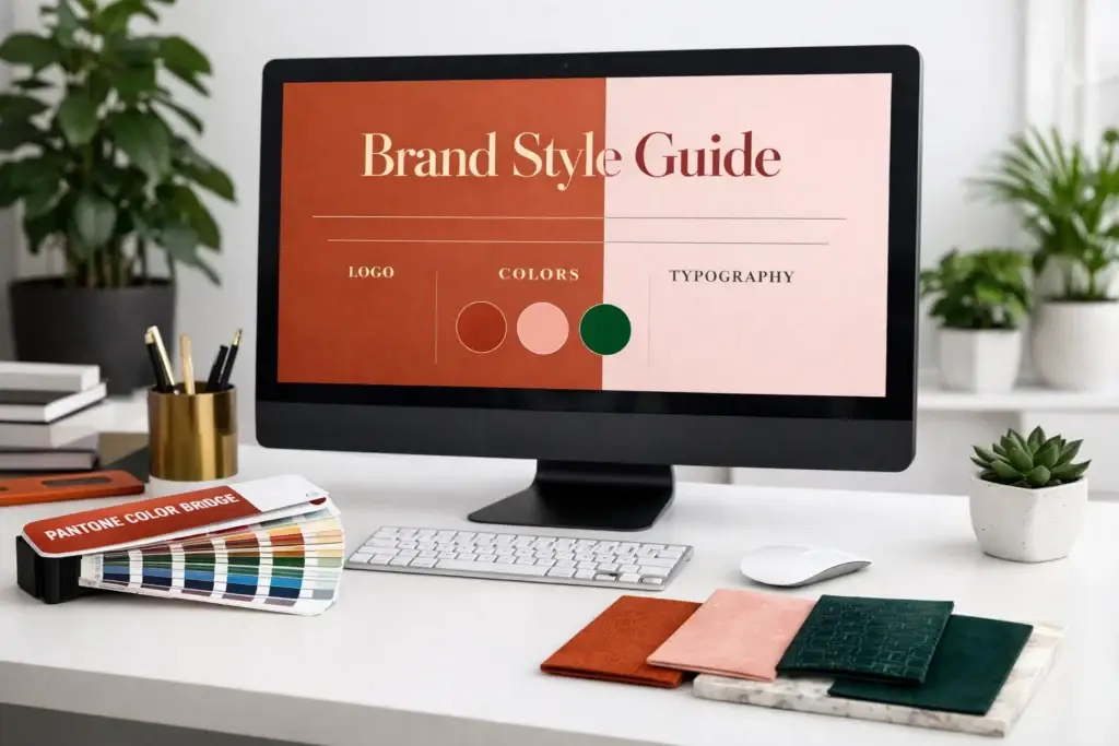 Modern workspace with computer displaying a brand style guide and luxury color swatches for a website redesign