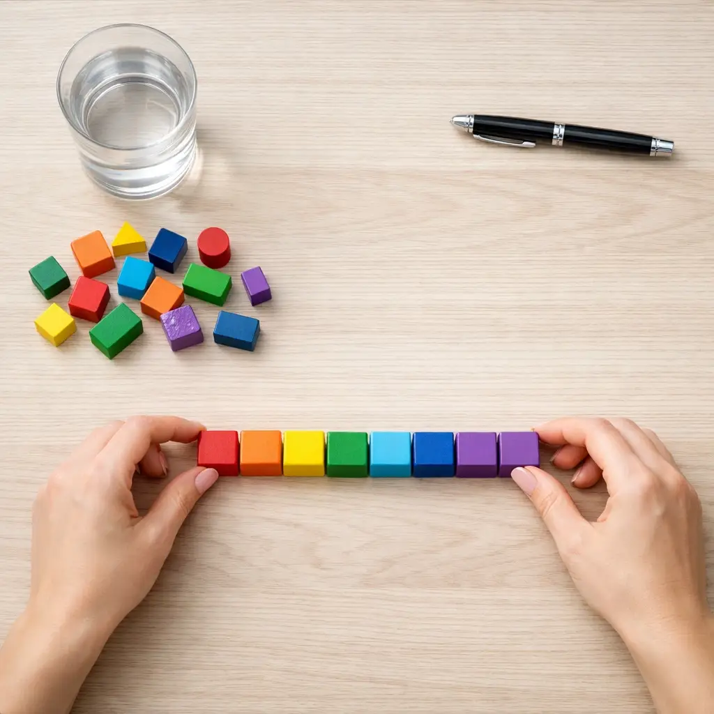 Hands organizing colorful wooden blocks into a straight rainbow line on a desk to represent a clear brand messaging framework