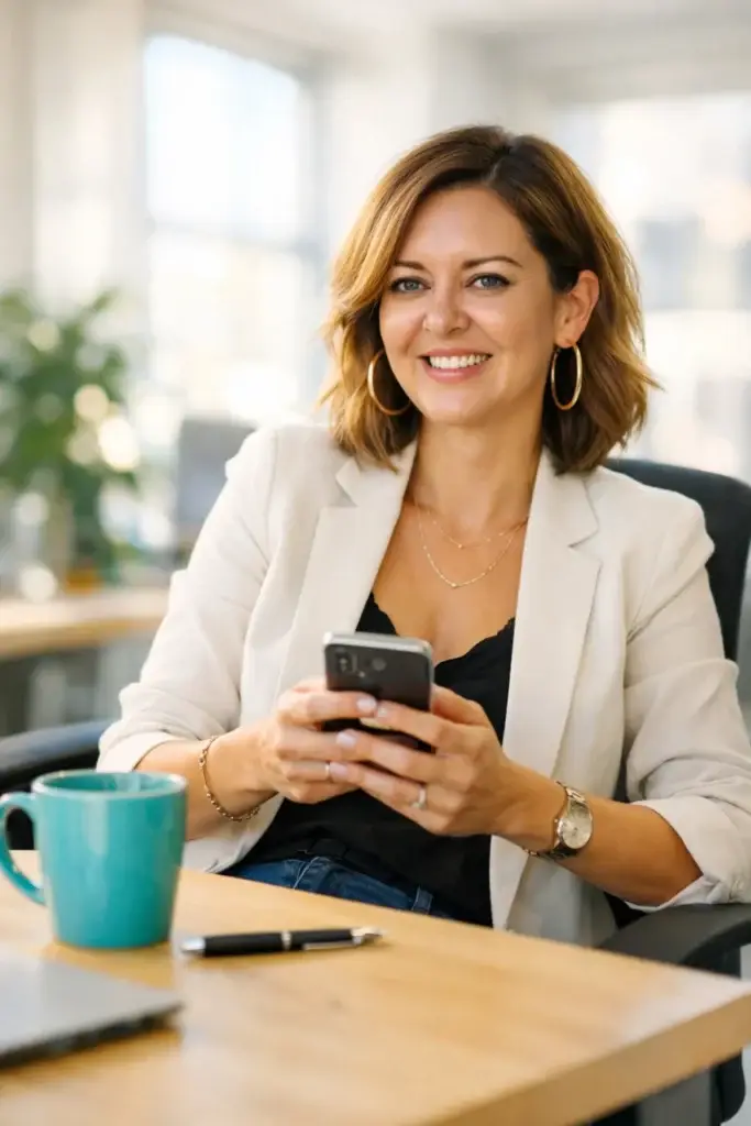 Professional woman in a bright airy office sitting at a desk and engaging with her smartphone to connect with her audience