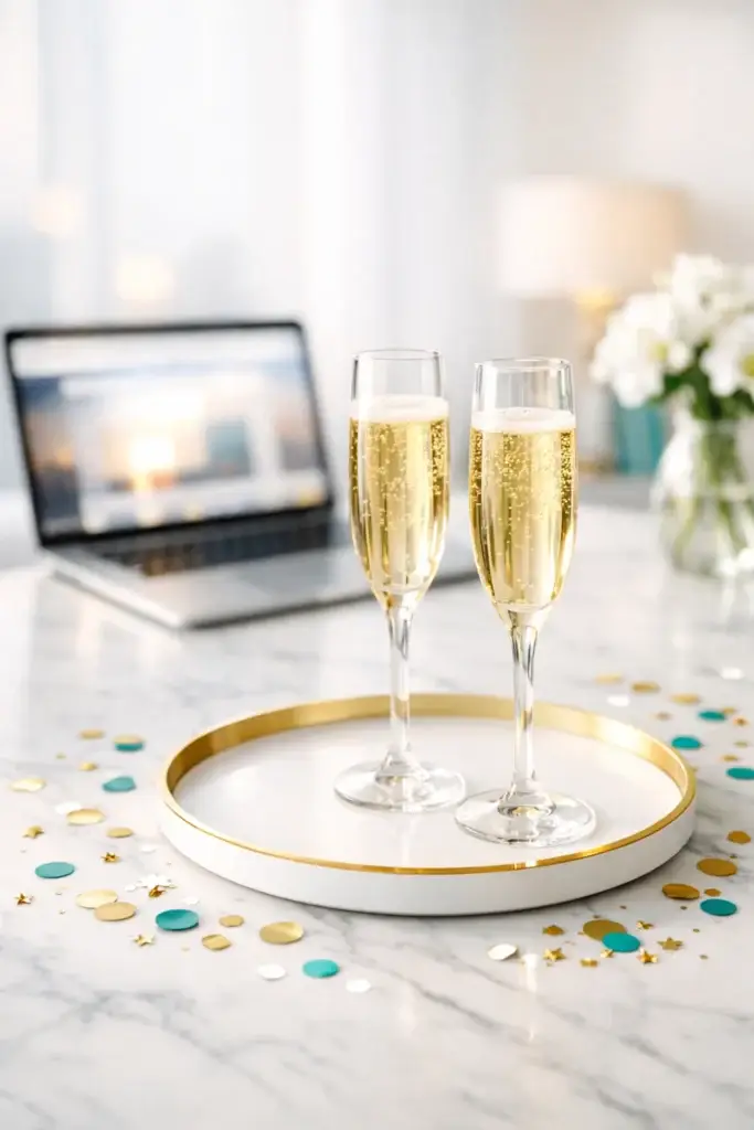 Here’s SEO‑friendly metadata for this image: Alt Text Two champagne glasses on a tray with confetti on a marble desk celebrating a successful rebrand launch