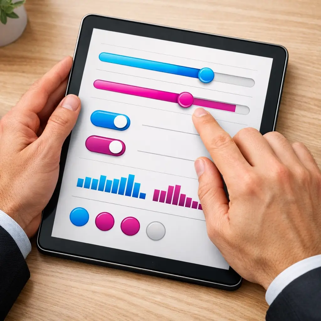 Close-up of hands adjusting colorful sliders and charts on a digital tablet interface to customize AI brand voice settings