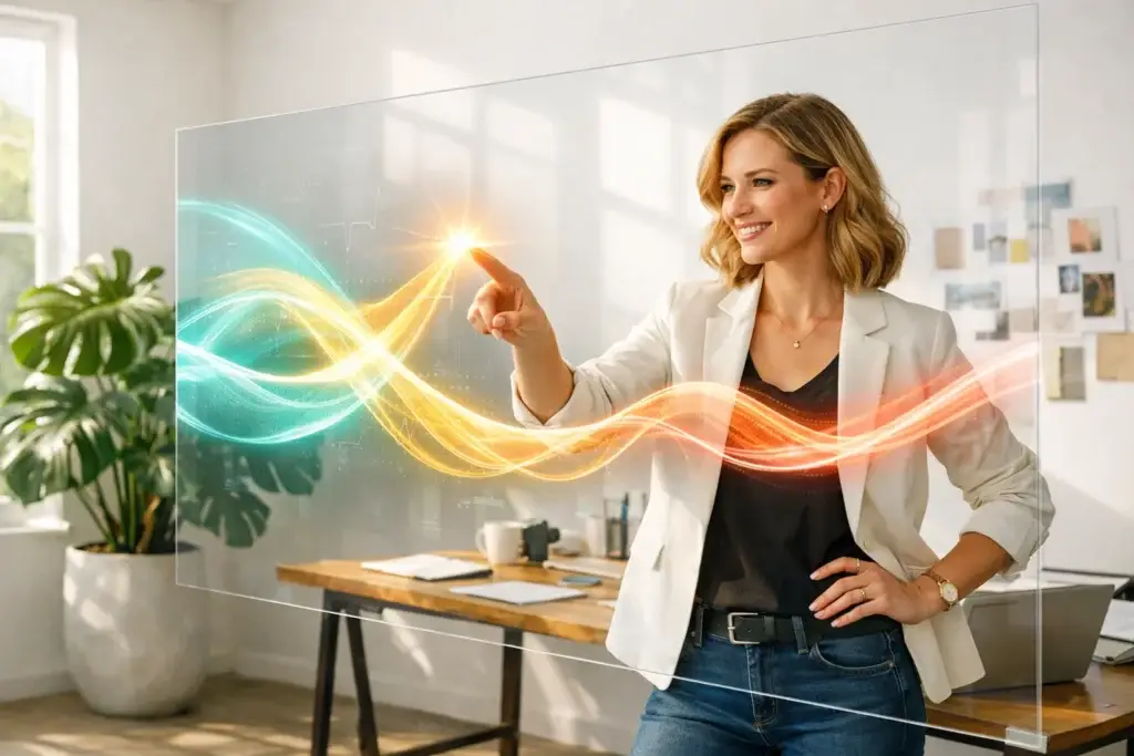 Visionary female founder interacting with glowing waves on a transparent digital screen to shape her brand strategy