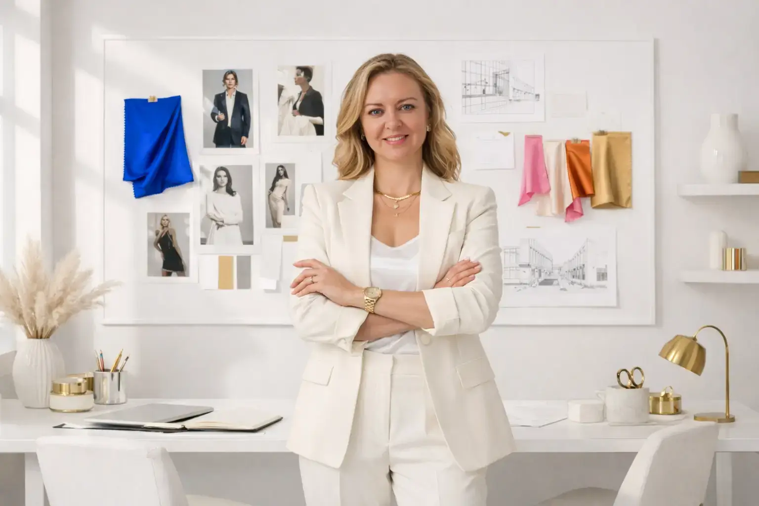 Confident female founder in an all-white suit standing in front of a creative mood board while planning a digital brand strategy in a modern office