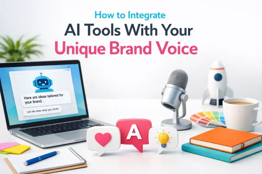 Creative workspace with laptop, microphone, and chat icons showing how to integrate AI tools with your unique brand voice