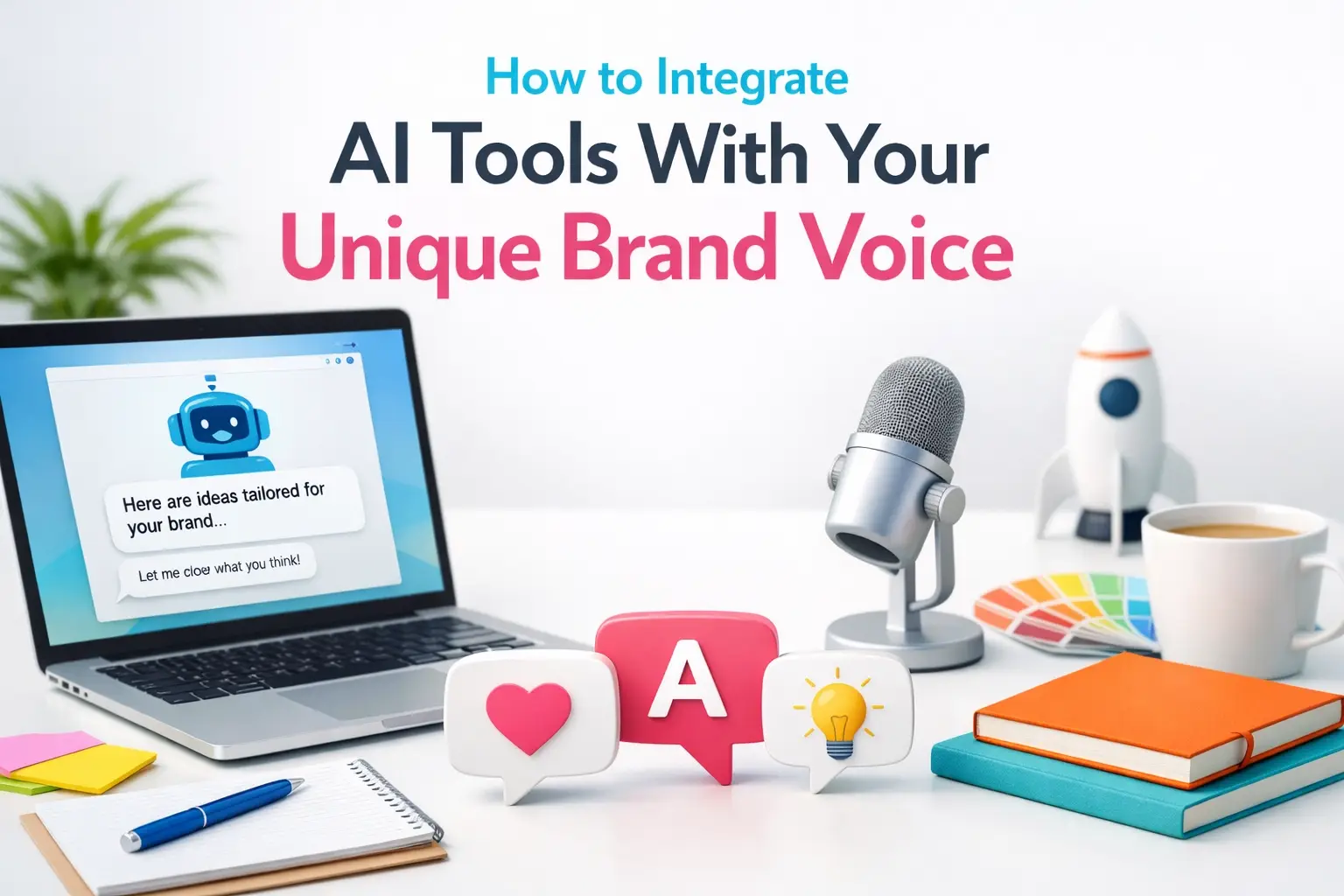 Creative workspace with laptop, microphone, and chat icons showing how to integrate AI tools with your unique brand voice