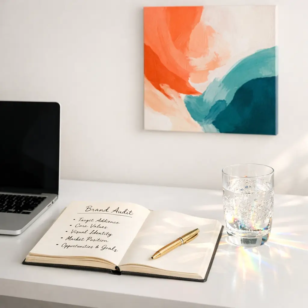 Minimalist workspace with laptop and open notebook showing a brand audit checklist next to a glass of sparkling water and abstract art