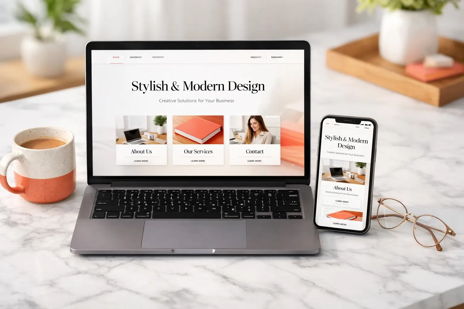 Professional workspace with laptop and smartphone displaying a stylish modern website redesign layout on a marble desk