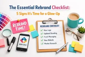 Flat lay of rebrand checklist clipboard, smartphone with new logo, color swatches, and coffee cup showing signs it is time to rebrand