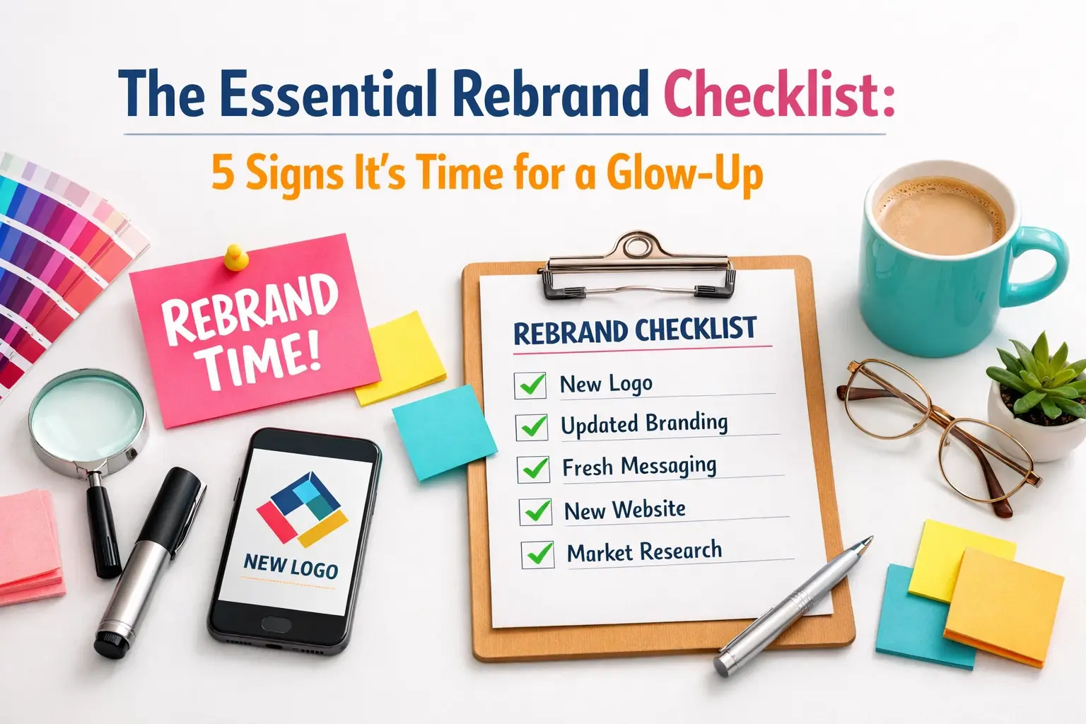 Flat lay of rebrand checklist clipboard, smartphone with new logo, color swatches, and coffee cup showing signs it is time to rebrand