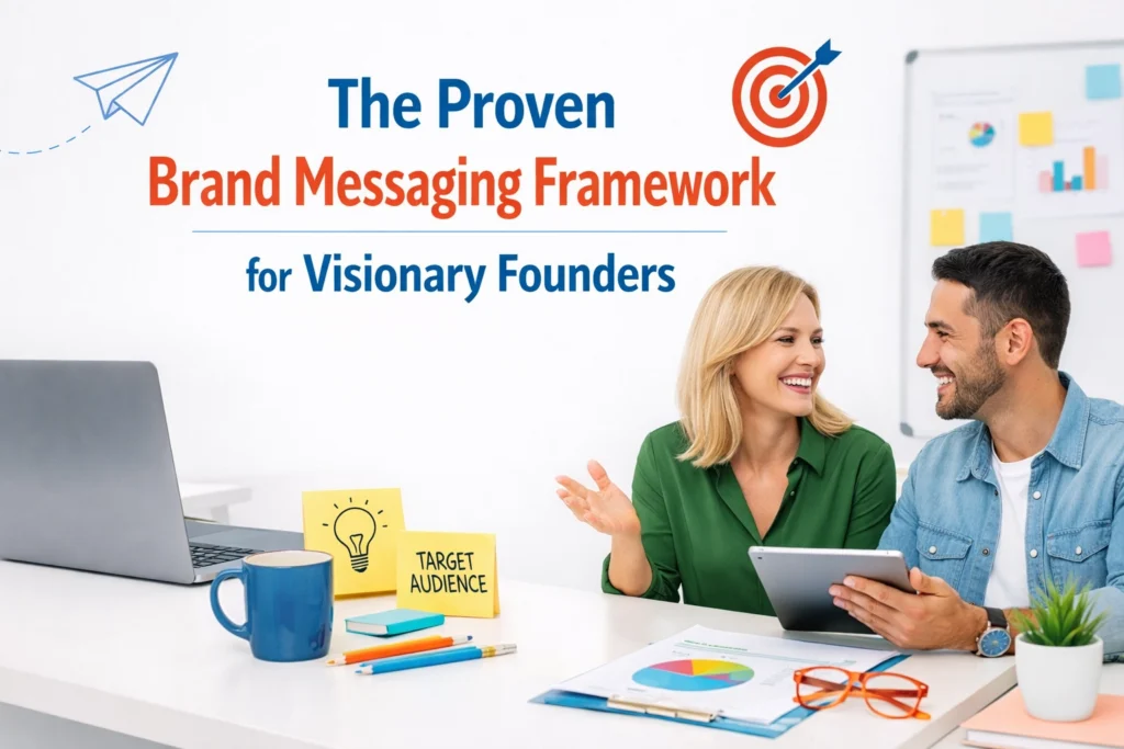 Two visionary founders discussing brand messaging framework at a laptop with target audience notes on the desk