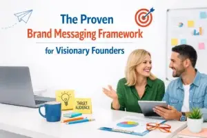 Two visionary founders discussing brand messaging framework at a laptop with target audience notes on the desk