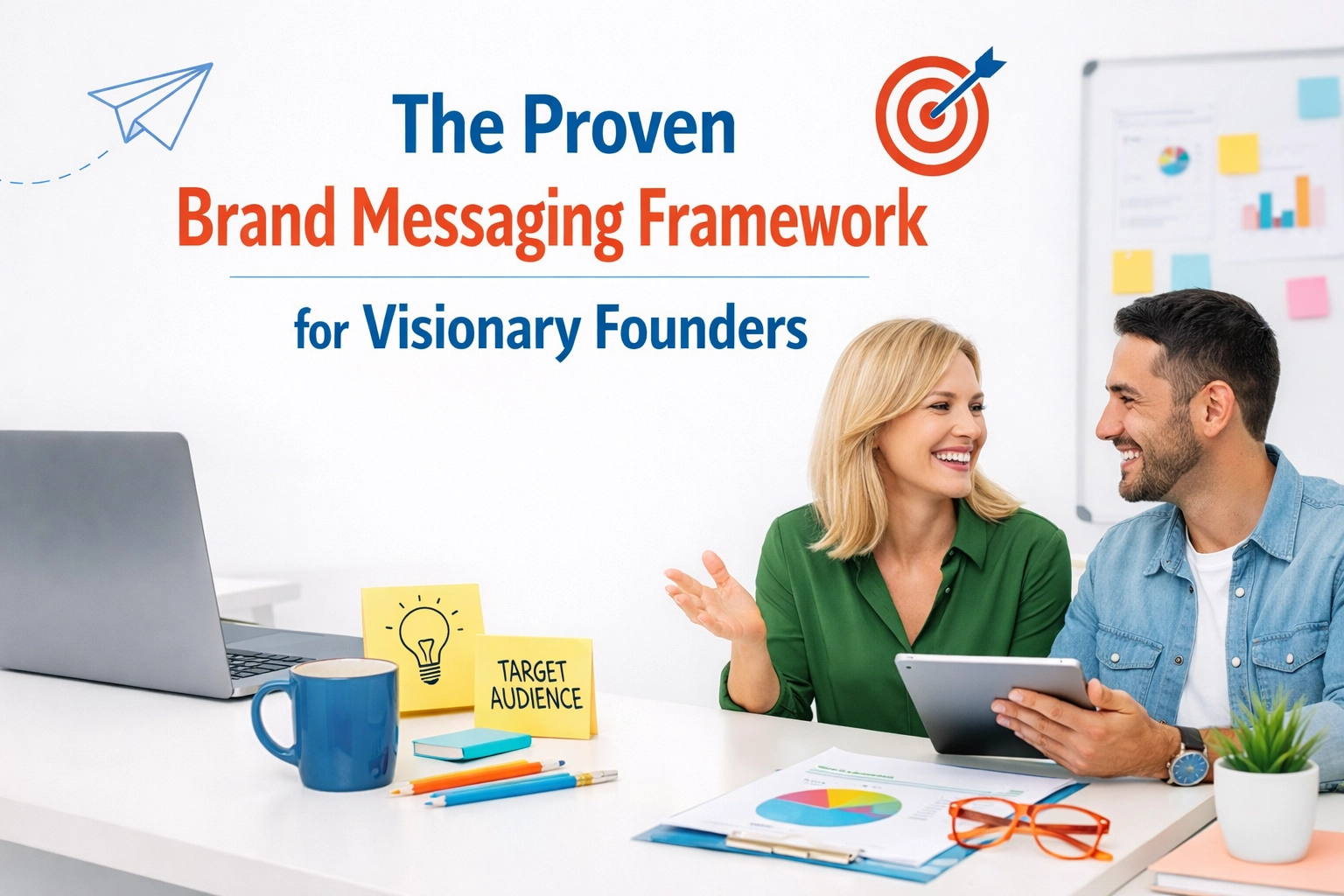 Two visionary founders discussing brand messaging framework at a laptop with target audience notes on the desk