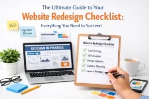 Website redesign checklist on clipboard next to laptop showing redesign in progress and sticky notes for SEO and design updates