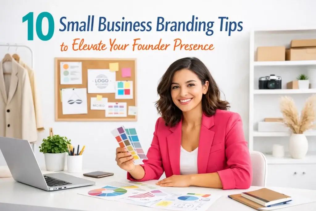 Woman small business owner reviewing brand color palettes at her desk with text 10 Small Business Branding Tips to Elevate Your Founder Presence