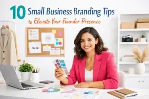 Woman small business owner reviewing brand color palettes at her desk with text 10 Small Business Branding Tips to Elevate Your Founder Presence
