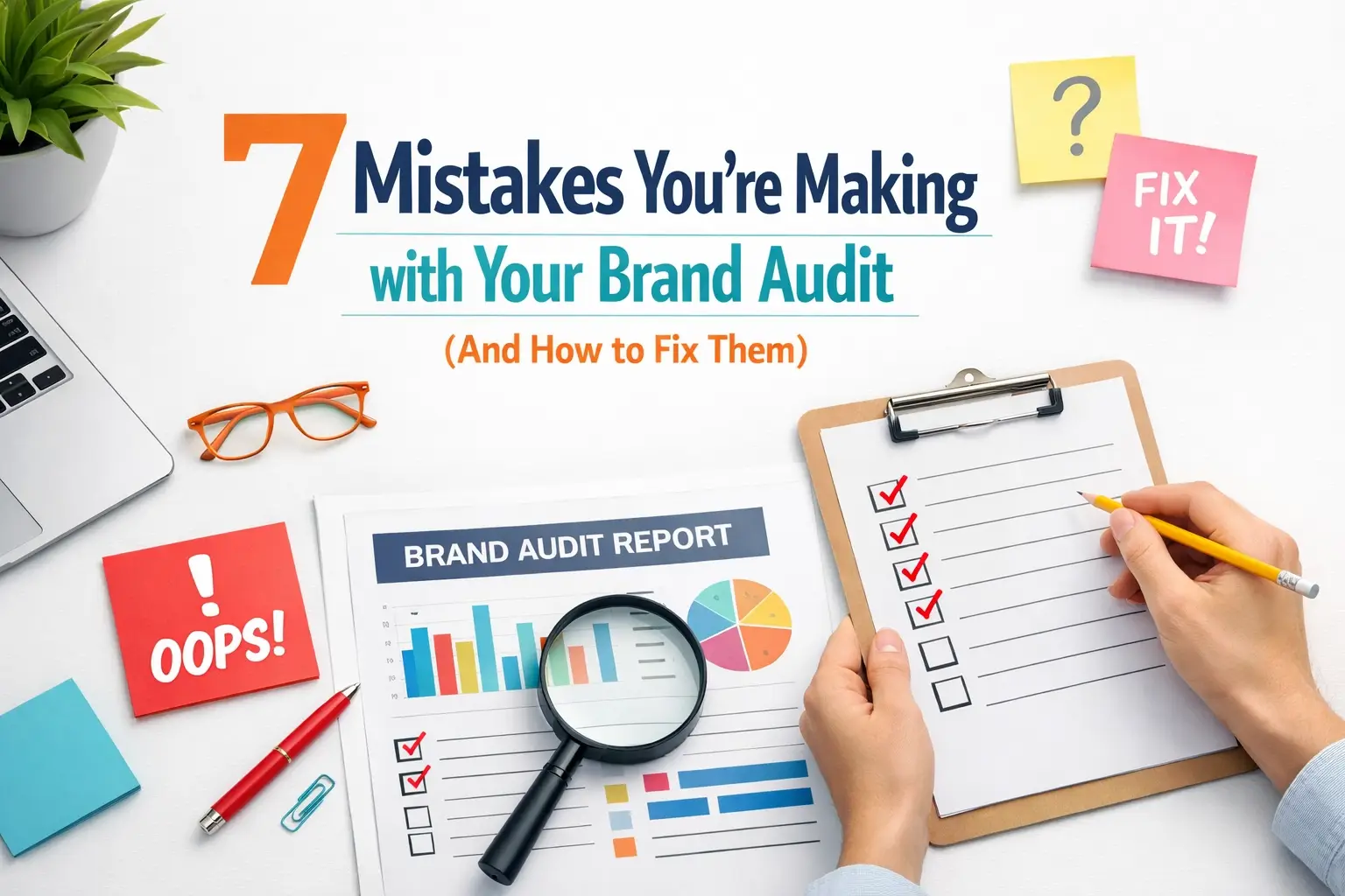 Flat lay of a brand audit report, checklist, and office desk items illustrating seven mistakes you’re making with your brand audit and how to fix them.