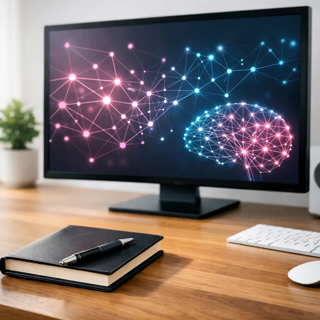 Computer monitor showing a glowing neural network and brain graphic on a desk with a notebook, pen, keyboard, and plant, representing AI tools for small business branding strategy