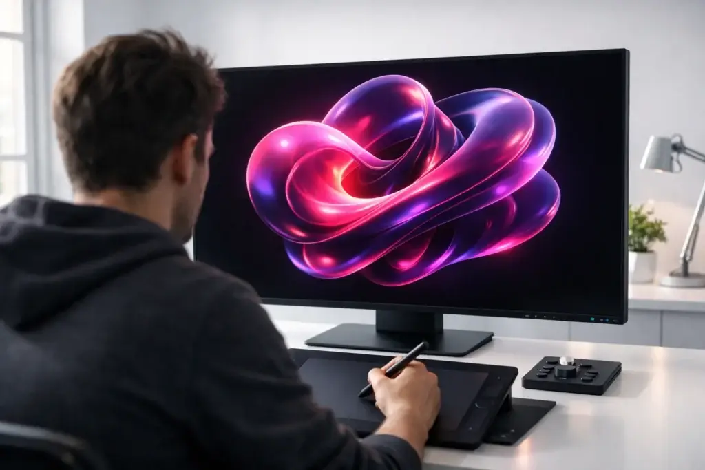 Designer using a pen tablet to create a vibrant abstract 3D shape on a large monitor, representing AI-powered creativity and modern branding design.