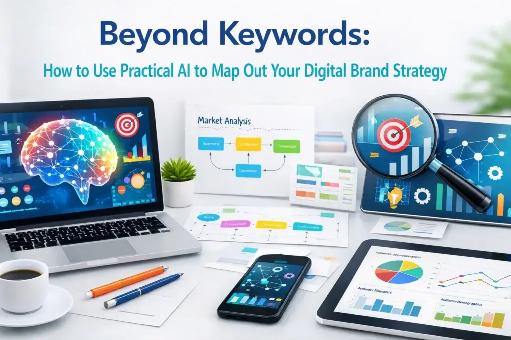Blog post cover image showing a laptop with an AI brain visualization, market analysis flowchart displaying awareness, consideration, and conversion stages, a magnifying glass over a target, and tablets showing audience demographics charts, representing a practical AI digital brand strategy