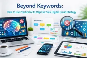Blog post cover image showing a laptop with an AI brain visualization, market analysis flowchart displaying awareness, consideration, and conversion stages, a magnifying glass over a target, and tablets showing audience demographics charts, representing a practical AI digital brand strategy