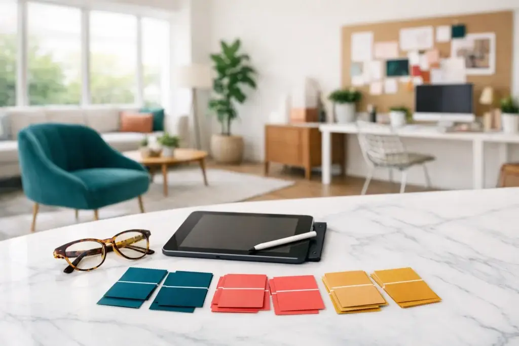 Brand color palette planning with tablet and design tools in a modern workspace by Smart Brand Ideas