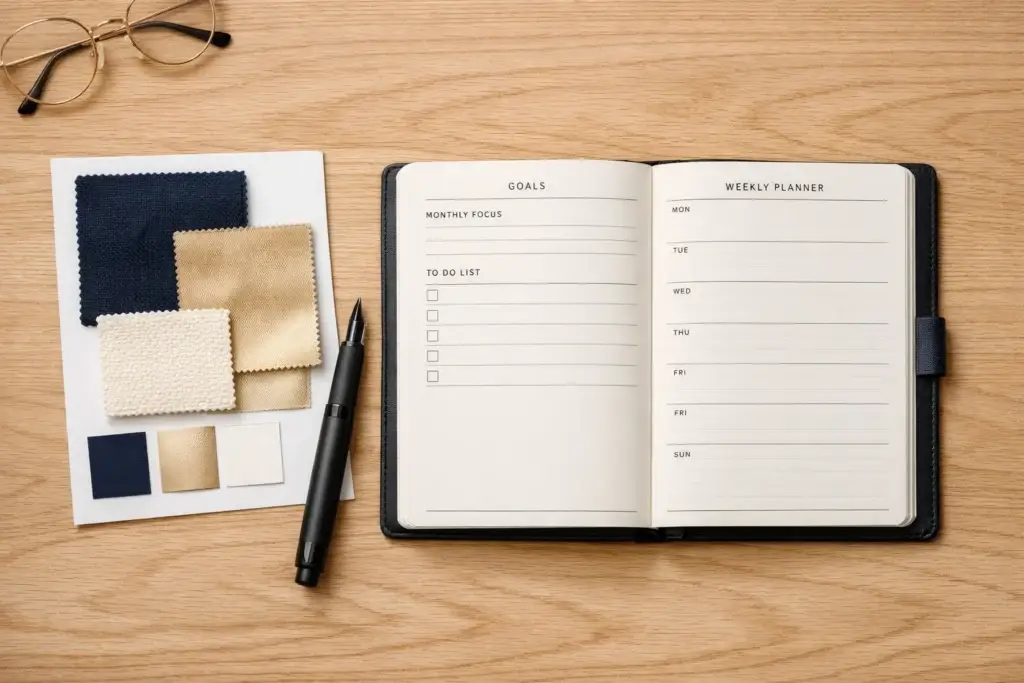 Open weekly planner with goals and to-do list next to fabric color swatches, pen, and eyeglasses on a wooden desk, representing brand planning and business organization.