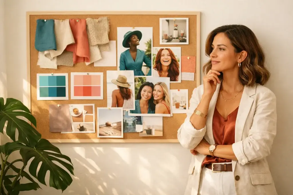 Female entrepreneur standing by brand mood board with fabric swatches, color palettes, and lifestyle photos creating a cohesive visual identity