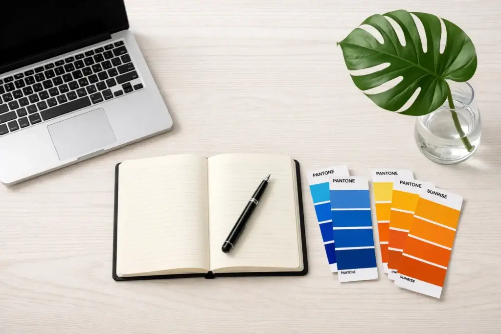 Desktop with laptop, open notebook, pen, and Pantone color swatches, illustrating planning and color selection in a branding agency workflow.