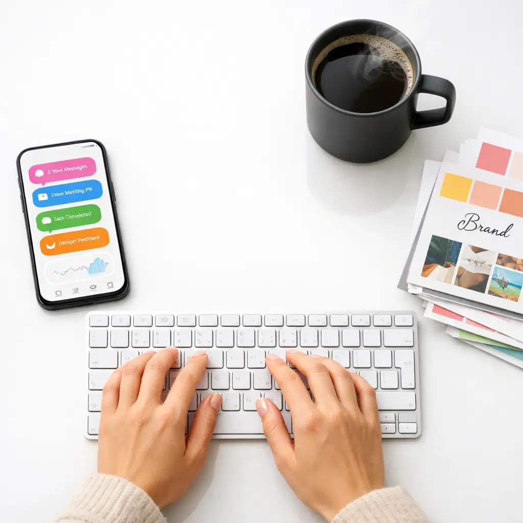 Person typing on a keyboard beside a smartphone showing task notifications, coffee, and brand design materials representing digital marketing and branding work.