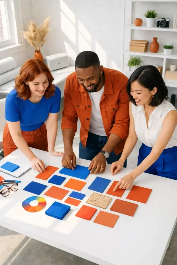 Three team members standing around a table reviewing blue and orange color swatches and a color wheel as they plan a cohesive brand identity.