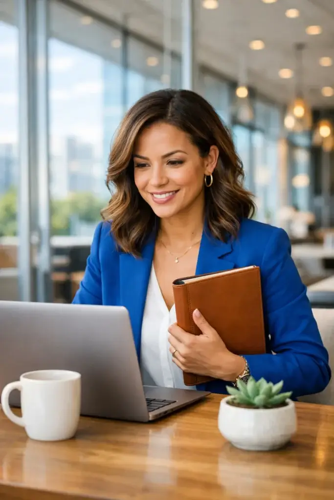Female entrepreneur in blue blazer working on laptop at cafe table, holding leather notebook with coffee mug and succulent on the desk