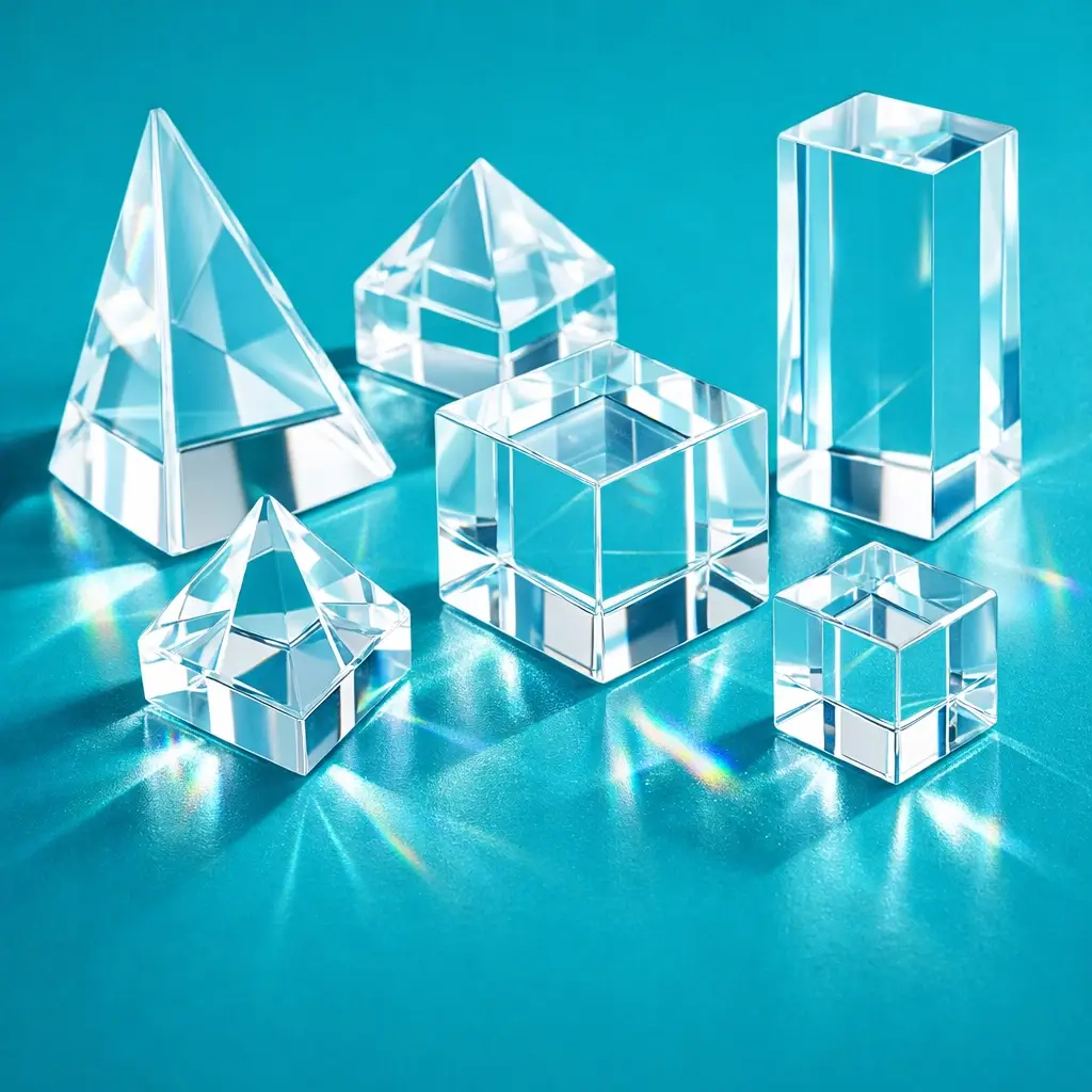 Transparent crystal geometric shapes on a teal background symbolizing clarity, structure, and strategy in branding and design.