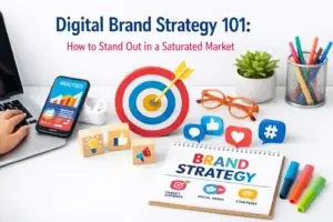 Digital brand strategy workspace with analytics phone, target board, and brand strategy notebook on desk