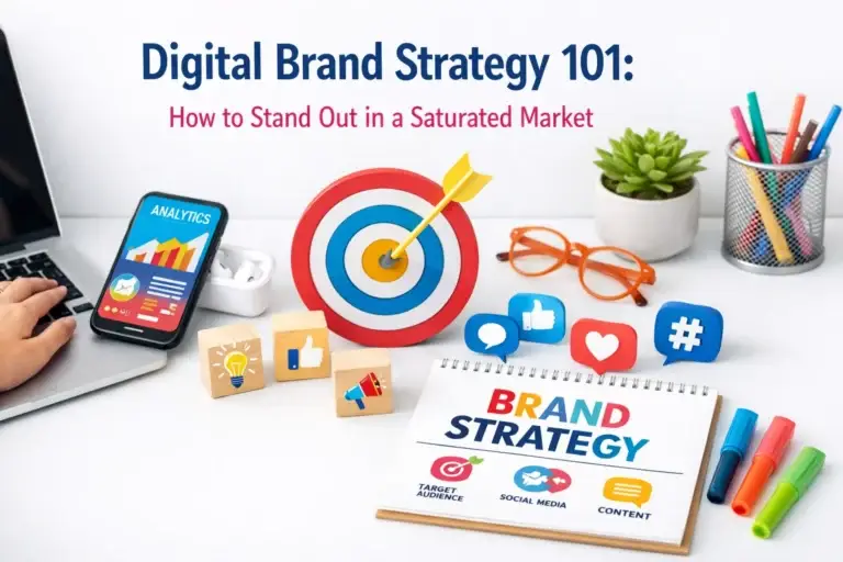 Digital brand strategy workspace with analytics phone, target board, and brand strategy notebook on desk