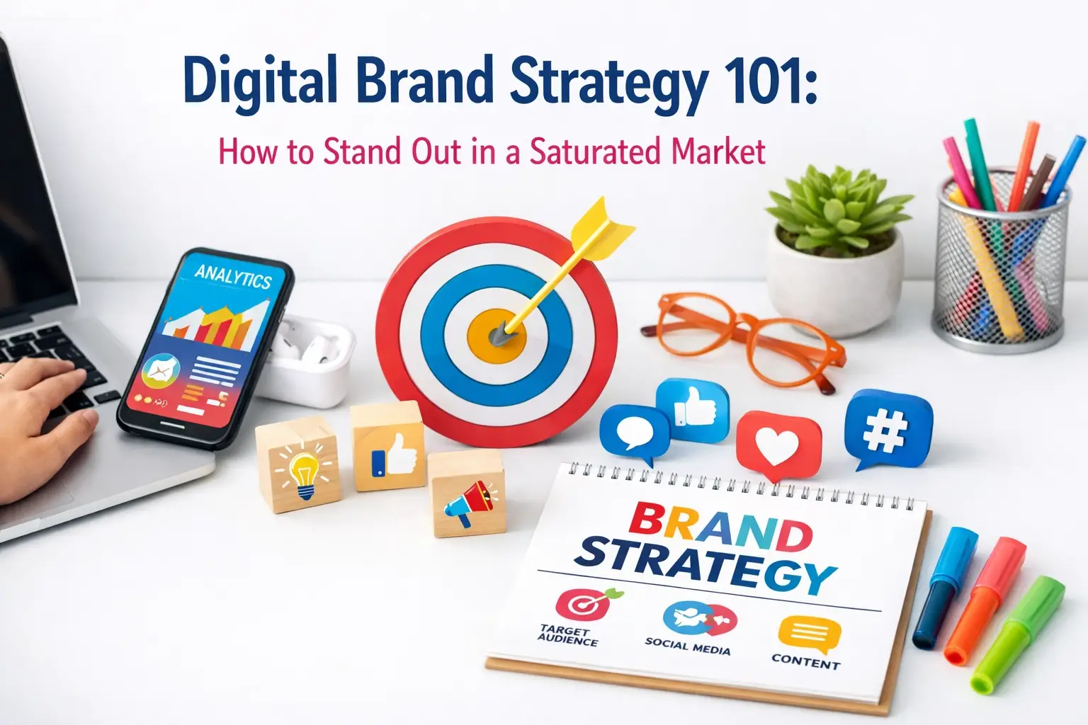 Digital brand strategy workspace with analytics phone, target board, and brand strategy notebook on desk