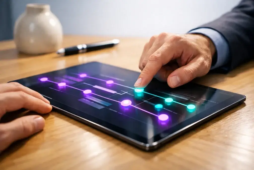 Close-up of a person using a tablet with a glowing timeline interface to plan a digital strategy and track brand milestones.