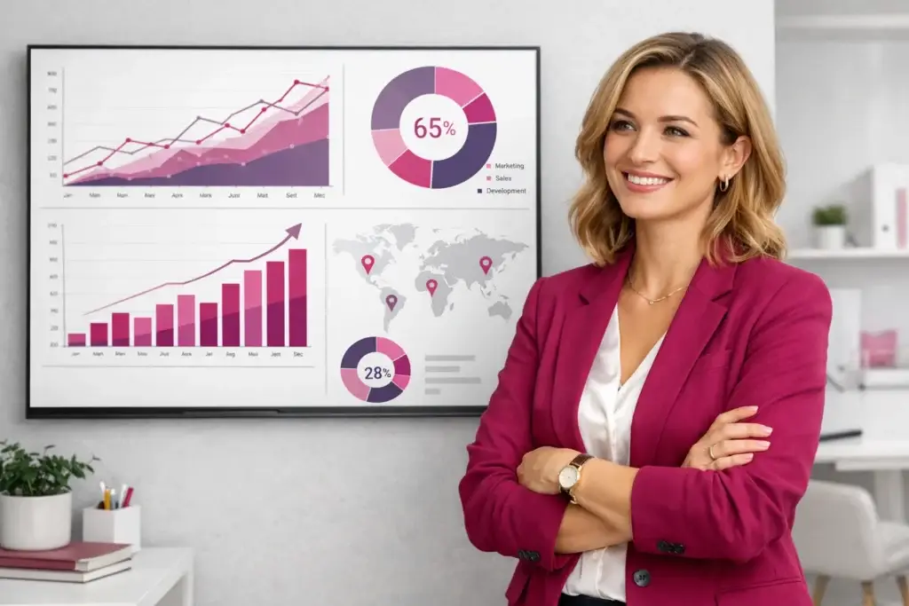 Woman in a magenta blazer standing with folded arms in front of a screen displaying growth charts, bar graphs, and global performance metrics in a modern office.