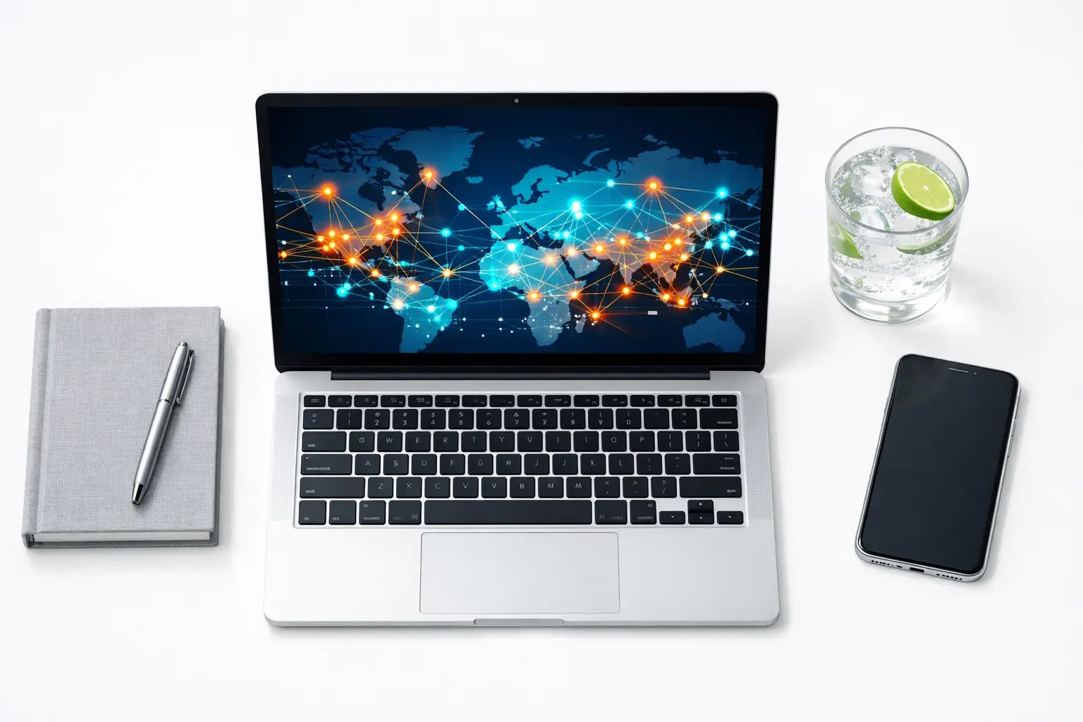 Overhead view of a MacBook laptop displaying a glowing global network map with orange and blue connection points, surrounded by a notebook, pen, smartphone, and sparkling water on a white desk