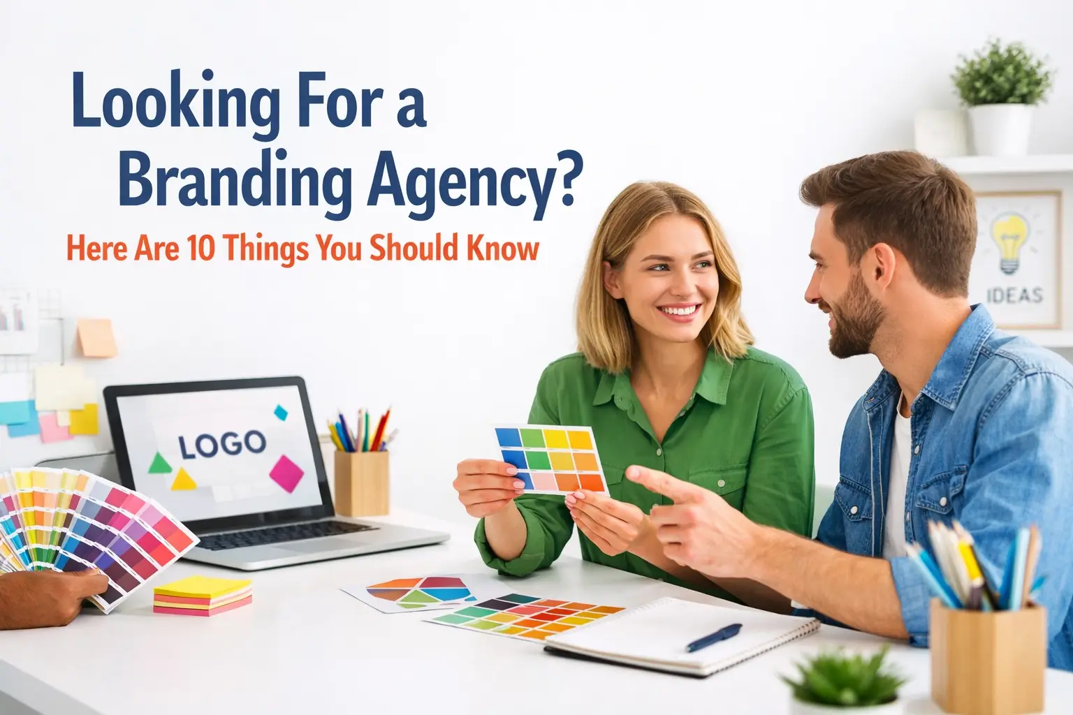 Two branding professionals reviewing color palettes and logo concepts in a meeting, illustrating an article on how to choose a branding agency.