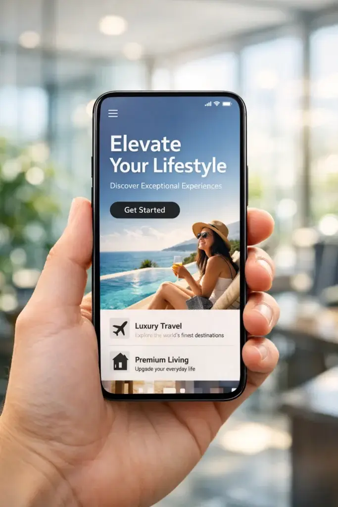 Hand holding smartphone showing a luxury lifestyle app with “Elevate Your Lifestyle” headline and options for luxury travel and premium living by an infinity pool.