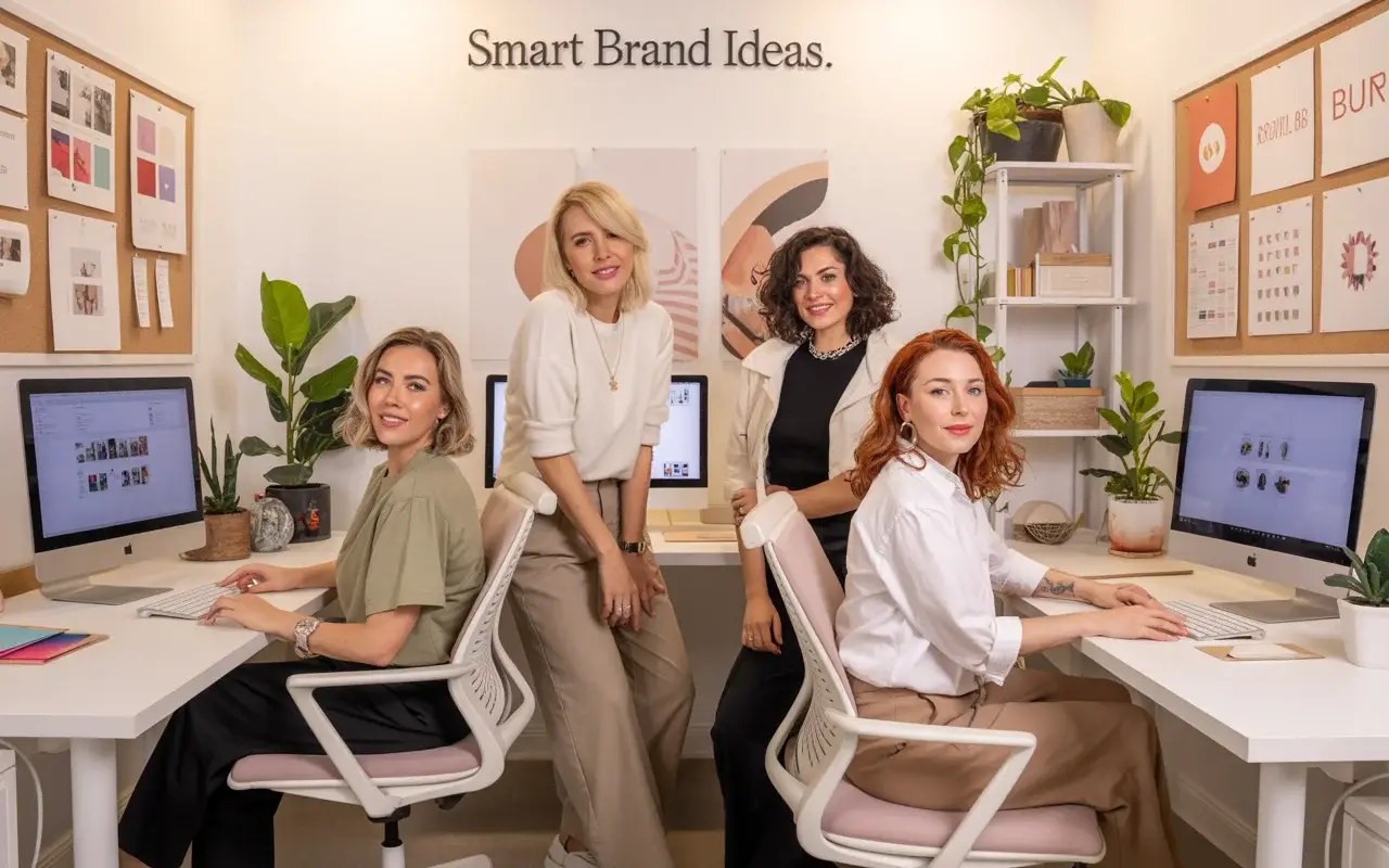 About Smart Brand Ideas - Four women collaborating in a modern creative studio at Smart Brand Ideas, a women-led branding and marketing agency