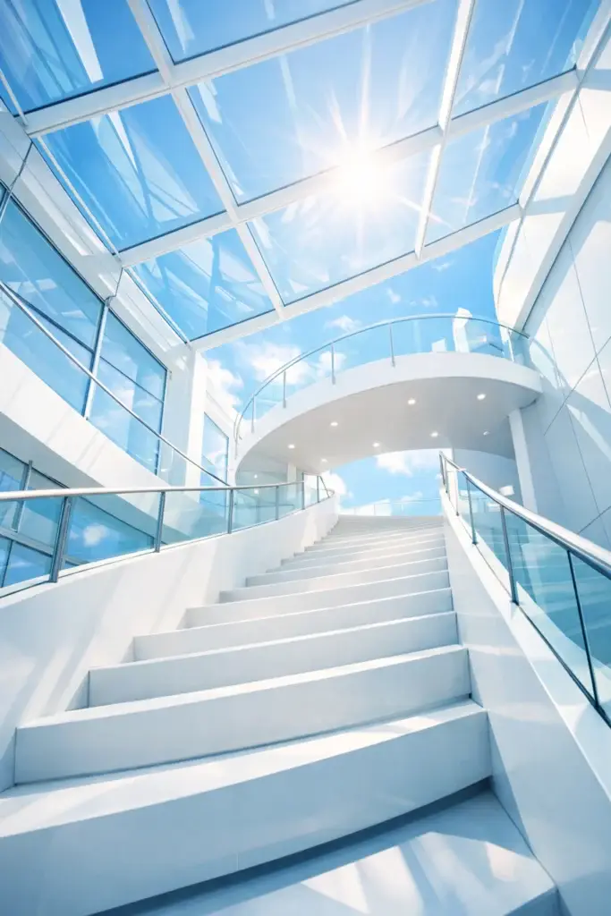 Wide white staircase with glass railings leading up to a bright glass ceiling and blue sky in a modern building, symbolizing growth, progress, and elevated business success.