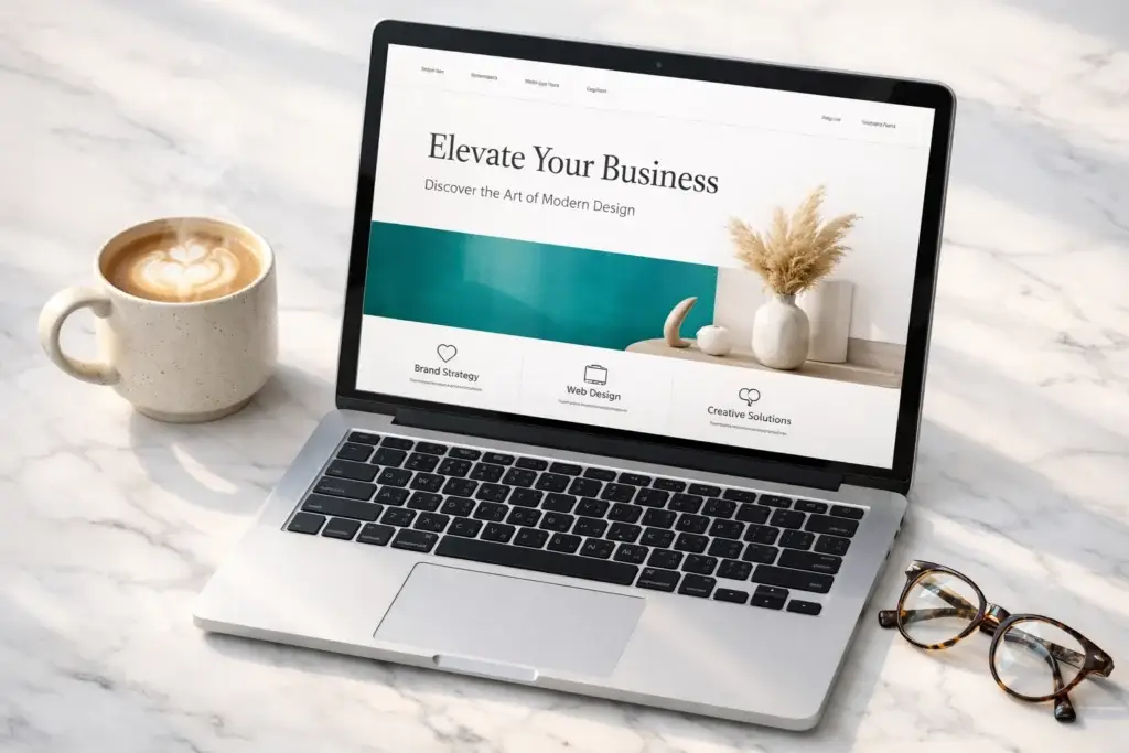 Open laptop on marble desk showing an “Elevate Your Business” modern website design next to a latte and eyeglasses, representing brand strategy and web design services.