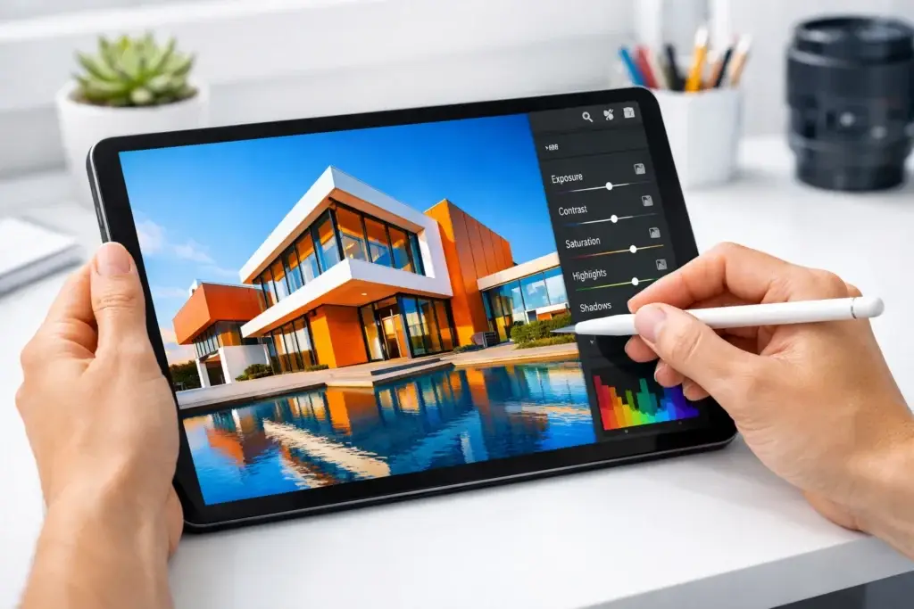 Editing high-quality architectural image on tablet with stylus for visual branding by Smart Brand Ideas